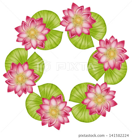 Watercolor pink lotus flower and green leaf wreath. Hand drawn botanical circular frame isolated on white background. Floral border for wedding invitations, greeting cards Watercolor pink lotus flower and green leaf wreath. Hand drawn botanical circular frame isolated on white background. Floral border for wedding invitations, greeting cards 141582224