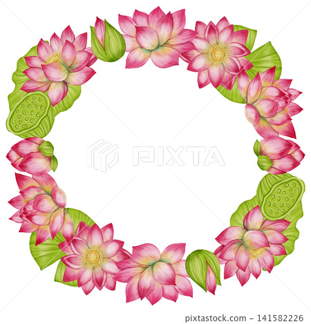 Watercolor pink lotus flower and green leaf wreath. Hand drawn botanical circular frame isolated on white background. Floral border for wedding invitations, greeting cards Watercolor pink lotus flower and green leaf wreath. Hand drawn botanical circular frame isolated on white background. Floral border for wedding invitations, greeting cards 141582226