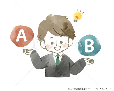 一位微笑的男學生正在進行比較——水彩畫 一位微笑的男學生正在進行比較——水彩畫 141582302