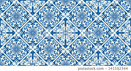 Blue Mediterranean ceramic tile with seamless mosaic pattern and floral motif. Spanish azulejo geometric background for vintage decor. Blue Mediterranean ceramic tile with seamless mosaic pattern and floral motif. Spanish azulejo geometric background for vintage decor. 141582344