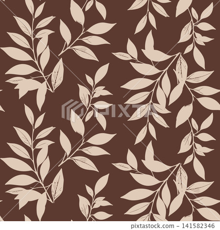 Vector seamless pattern of elegant cream tree branches with leaves on dark brown background. Botanical nature line art for fabric and print. Vector seamless pattern of elegant cream tree branches with leaves on dark brown background. Botanical nature line art for fabric and print. 141582346