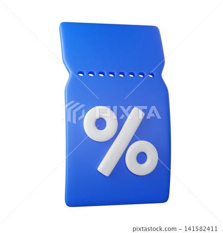 3D blue discount coupon tickets with percent sign, isolated on background. Modern sale promo icon for marketing, promotion, sales, ecommerce banners. 3d render 141582411