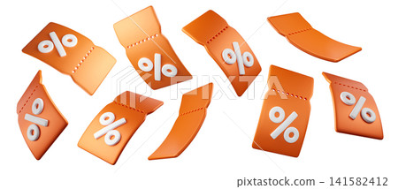 3D flying orange discount coupon tickets with percent sign in multiple angles, isolated on background. Modern sale promo set for marketing, promotion, sales, ecommerce banners. 3d render 3D flying orange discount coupon tickets with percent sign in multiple angles, isolated on background. Modern sale promo set for marketing, promotion, sales, ecommerce banners. 3d render 141582412