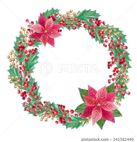 Watercolor christmas wreath with poinsettia flower, holly leaf and red gold berry branch. Hand drawn festive winter holiday botanical circle frame isolated on element background Watercolor christmas wreath with poinsettia flower, holly leaf and red gold berry branch. Hand drawn festive winter holiday botanical circle frame isolated on element background 141582440