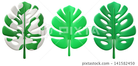 3D tropical monstera leaves set in green and variegated Alba white colors, isolated on background. Modern botanical illustration for summer design, eco branding, tropical decor, invitations, posters, 3D tropical monstera leaves set in green and variegated Alba white colors, isolated on background. Modern botanical illustration for summer design, eco branding, tropical decor, invitations, posters, 141582450