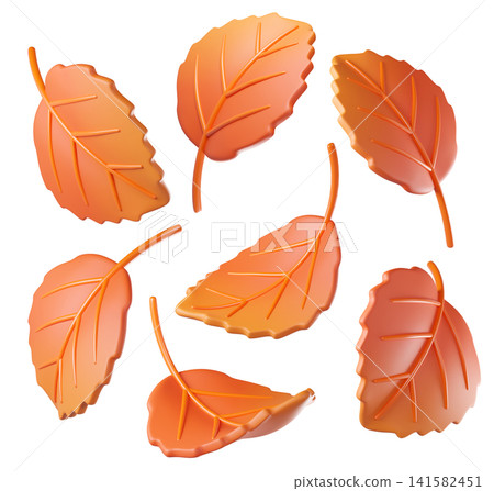 Fall 3D leaf in orange color, isolated on background. Botanical leaves for eco design, autumn, nature, Halloween, Thanksgiving, stickers, banners. 3d render Fall 3D leaf in orange color, isolated on background. Botanical leaves for eco design, autumn, nature, Halloween, Thanksgiving, stickers, banners. 3d render 141582451