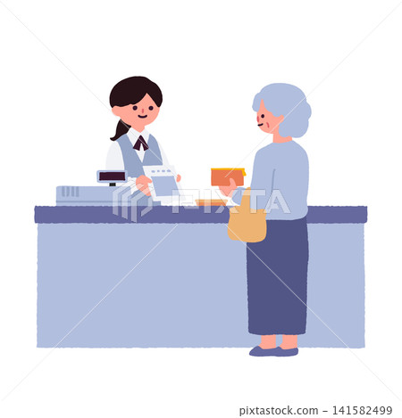 插圖描繪了一名醫務人員在醫療機構或藥房櫃檯處理付款和解釋事宜,以及一位老年婦女。 插圖描繪了一名醫務人員在醫療機構或藥房櫃檯處理付款和解釋事宜,以及一位老年婦女。 141582499