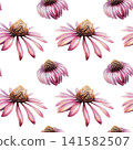 Echinacea seamless pattern watercolor illustration. Purple coneflower blossom for health immunity pharmacy branding, cold remedy packaging, medical tea design, organic herbal wellness wallpaper 141582507