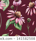 Echinacea seamless pattern watercolor illustration. Purple coneflower blossom for organic skin care cosmetics packaging, natural beauty branding, floral body lotion print, wellness backdrop 141582508