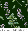 Thyme seamless pattern watercolor illustration on dark green background. Thymus medicinal herb for premium men grooming packaging, organic cosmetics branding, luxury herbal elixir bottle print 141582510