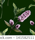 Mint seamless pattern watercolor illustration on dark background. Mentha medicinal herb for premium calming spa branding, stress relief oil packaging, organic sleep aromatherapy wellness print 141582511
