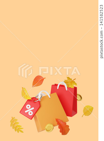 Autumn shopping sale vertical banner with paper bags, discount percent tag, and leaves. Seasonal retail illustration for Black Friday, Thanksgiving sale, autumn. Autumn shopping sale vertical banner with paper bags, discount percent tag, and leaves. Seasonal retail illustration for Black Friday, Thanksgiving sale, autumn. 141582523