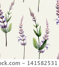 Sage seamless pattern watercolor illustration on cream background. Salvia medicinal herb blossom for calming pharmacy branding, stress relief remedy packaging, sleep tea design, herbal backdrop 141582531