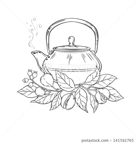 Nutmeg Tea in Teapot Outline Illustration. Nutmeg Tea in Teapot Outline Illustration. 141582765