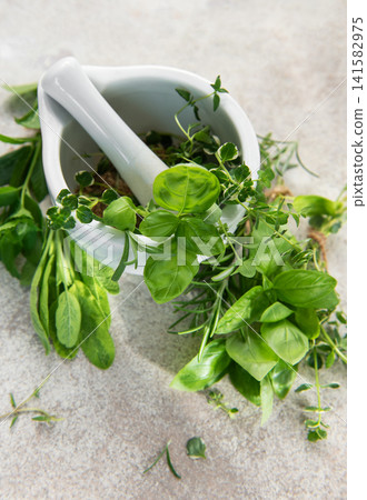 Fresh culinary herbs processing with mortar and pestle Fresh culinary herbs processing with mortar and pestle 141582975