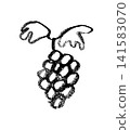 A monochrome hand-drawn line drawing of a bunch of grapes and leaves. A monochrome hand-drawn line drawing of a bunch of grapes and leaves. 141583070