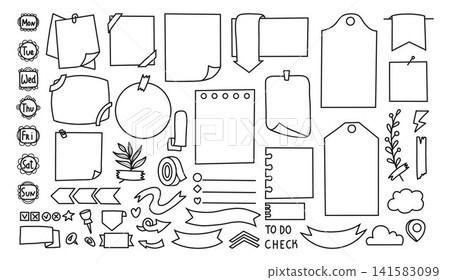 Bullet Journal Elements and Memo Pads Set. Blank Note Paper Templates, Days of Week, Sheet, To Do List, Ribbon Banners and Tags, Reminder, Stationery. Isolated Line-Art Doodles. Vector Illustration Bullet Journal Elements and Memo Pads Set. Blank Note Paper Templates, Days of Week, Sheet, To Do List, Ribbon Banners and Tags, Reminder, Stationery. Isolated Line-Art Doodles. Vector Illustration 141583099