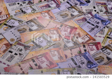 Saudi Arabia paper money, riyal banknotes and coins as currency for exchange. Saudi Arabia money 141583529