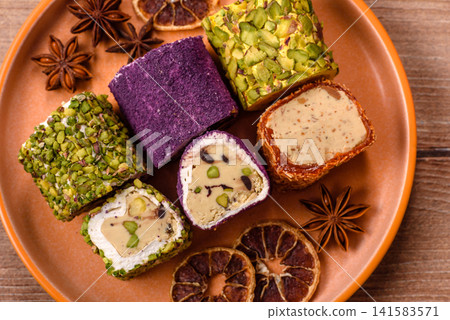Turkish delight or lokum is a traditional Eastern sweet made with nuts. Turkish delight, lokum 141583571
