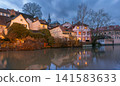 Historic Houses Along the Regnitz River in Bamberg, Bavaria, Germany at Blue Hour 141583633