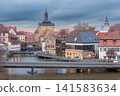 Historic City Hall and Regnitz River Waterfront in Bamberg, Bavaria, Germany at Dusk 141583634