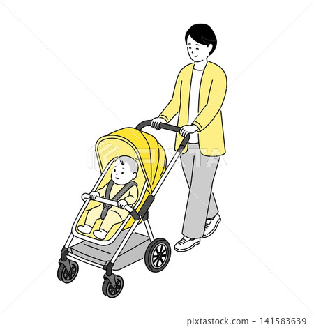 一幅母親推著嬰兒車帶著孩子散步的插圖。 一幅母親推著嬰兒車帶著孩子散步的插圖。 141583639