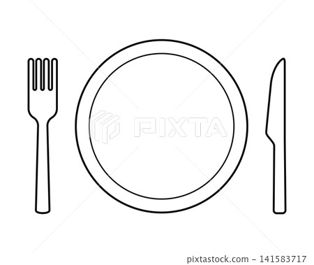A simple outline icon illustration showing a restaurant with a fork, knife, and plate. A simple outline icon illustration showing a restaurant with a fork, knife, and plate. 141583717