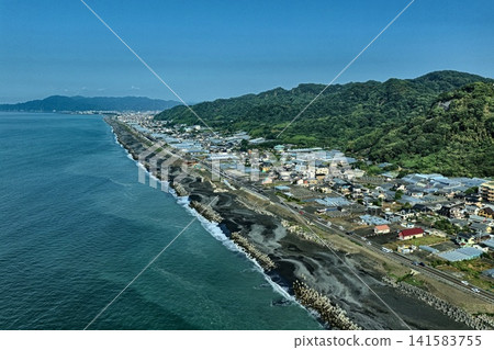 Aerial photograph capturing the black sand beach and coastline of Shizuoka City, Shizuoka Prefecture. Aerial photograph capturing the black sand beach and coastline of Shizuoka City, Shizuoka Prefecture. 141583755
