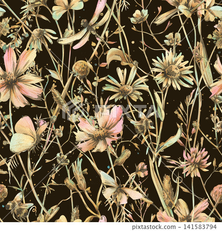 Seamless pattern of wild meadow flowers and herbs in pastel tone on black background. Hand drawn watercolor botanical illustration of rustic field plants for textile print design. Seamless pattern of wild meadow flowers and herbs in pastel tone on black background. Hand drawn watercolor botanical illustration of rustic field plants for textile print design. 141583794