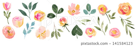 Pink and orange watercolor-style flower and leaf material Pink and orange watercolor-style flower and leaf material 141584123