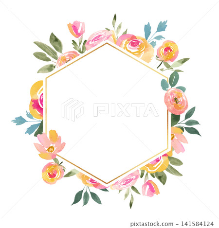 Hexagonal frame with a watercolor-style floral pattern in pink and orange. Hexagonal frame with a watercolor-style floral pattern in pink and orange. 141584124