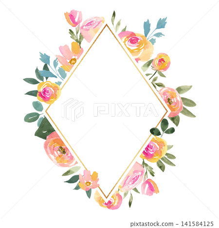 Diamond-shaped frame with a watercolor-style floral pattern in pink and orange. Diamond-shaped frame with a watercolor-style floral pattern in pink and orange. 141584125