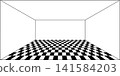 Template of room with checkered tiled floor and white walls in perspective. Empty space interior view from the inside. Vector graphic illustration 141584203