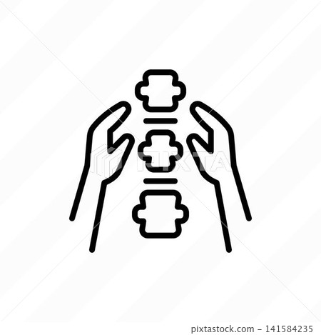 Chiropractic therapy thin line icon for spinal adjustment and musculoskeletal treatment. Hands on spine. Vector illustration. Chiropractic therapy thin line icon for spinal adjustment and musculoskeletal treatment. Hands on spine. Vector illustration. 141584235
