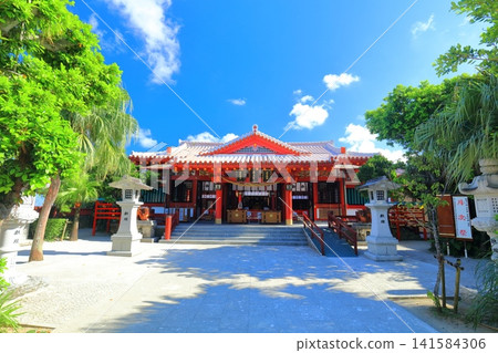 [Okinawa Prefecture] The main hall of Naminoue Shrine under a clear blue sky 141584306