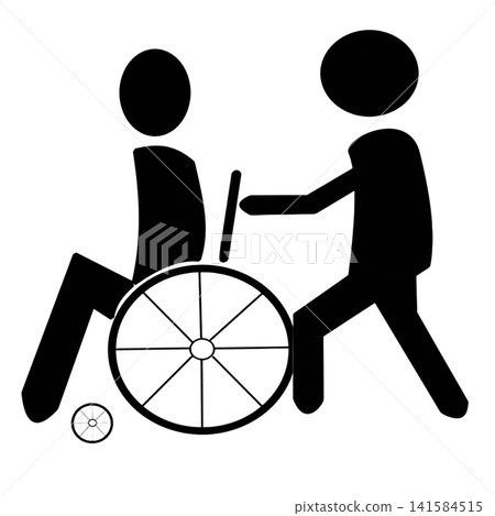 Pictogram of a wheelchair and caregiver Pictogram of a wheelchair and caregiver 141584515