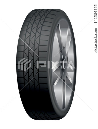 Car tire of rubber with disk. Vector realistic tire. Automobile wheel and maintenance. Truck or vehicle repairing and replacement for next season 141584565