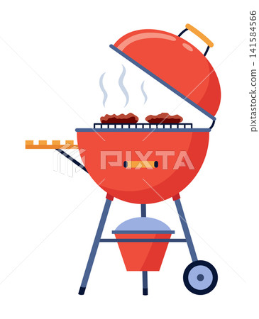 Red barbecue with accessories. Charcoal grill. Red barbecue grill with open lid and modern design features Red barbecue with accessories. Charcoal grill. Red barbecue grill with open lid and modern design features 141584566