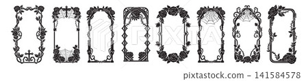 Gothic dark frame, rose spike branch border, Halloween spooky baroque silhouette decoration print. Gothic dark frame, rose spike branch border, Halloween spooky baroque silhouette decoration print. 141584578