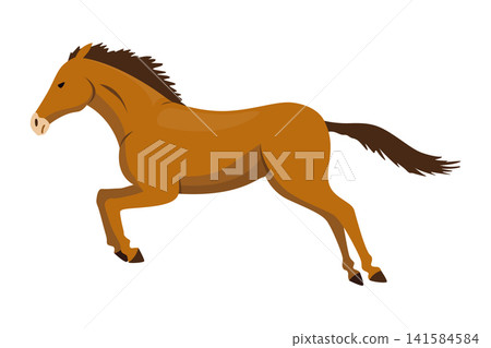 Side view of a stylized brown horse galloping, flowing mane and tail, and smooth simplified shapes on a plain light background 141584584