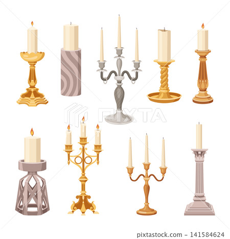 Candelabrum or Candle Holder with Burning Candle Rested in It Vector Set. Candelabrum or Candle Holder with Burning Candle Rested in It Vector Set. 141584624
