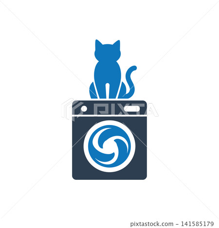 Cat sitting on washing machine flat icon, International Cat Day concept Cat sitting on washing machine flat icon, International Cat Day concept 141585179
