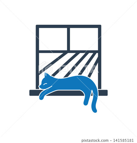 Cat sleeping on windowsill flat icon, International Cat Day concept Cat sleeping on windowsill flat icon, International Cat Day concept 141585181