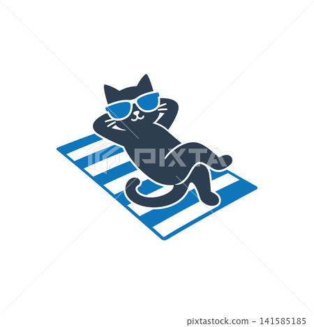 Cool cat on beach towel flat icon, International Cat Day concept Cool cat on beach towel flat icon, International Cat Day concept 141585185
