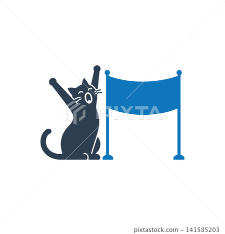 Cat cheering at finish line flat icon, International Cat Day concept Cat cheering at finish line flat icon, International Cat Day concept 141585203