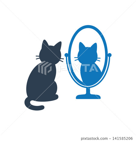Cat looking at reflection in mirror flat icon, International Cat Day concept 141585206