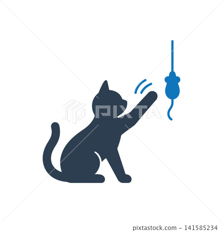 Cat reaching for toy mouse flat icon, International Cat Day concept Cat reaching for toy mouse flat icon, International Cat Day concept 141585234