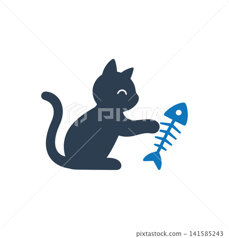 Cat playing with fish bones flat icon, International Cat Day concept 141585243