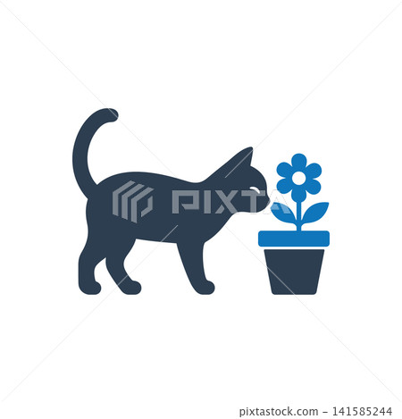 Cat sniffing potted flower flat icon, International Cat Day concept Cat sniffing potted flower flat icon, International Cat Day concept 141585244