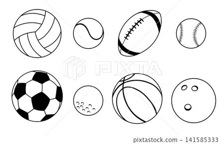 Hand drawn sports equipment collection with simple outline icons. Includes soccer basketball volleyball baseball tennis rugby bowling and football elements. Perfect for games fitness education 141585333